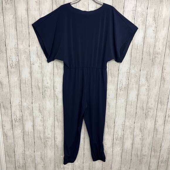 Gap Navy Blue Kimono Short Sleeve Split V-Neck One Piece Mid Calf Jumpsuit SM - Picture 2 of 9
